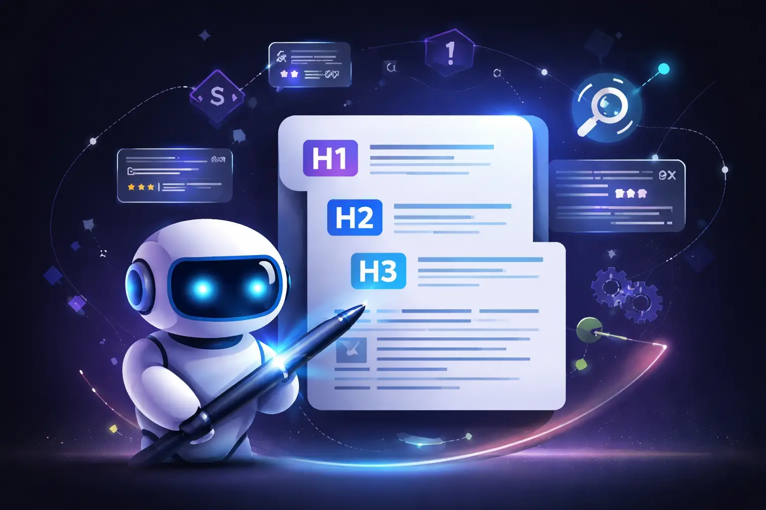 AI writer con schema markup e struttura H1 H2 H3 per SEO